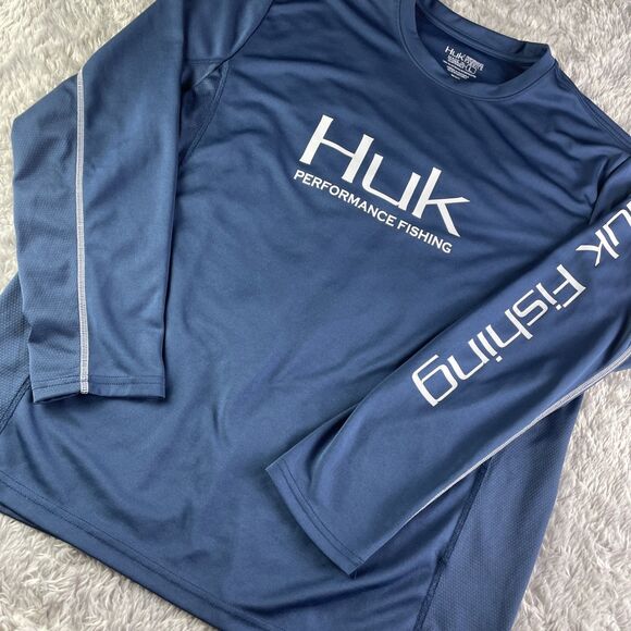 Huk Performance Fishing Shirt Mens Large Blue White Outdoors Boating Tech - Picture 1 of 9